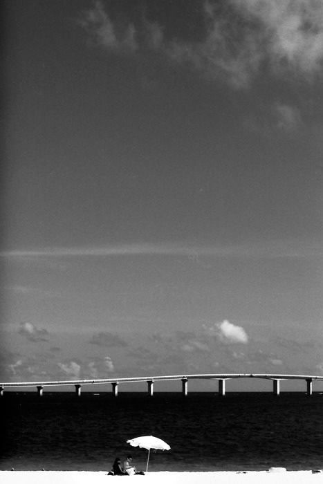 Beach umbrella and bridge