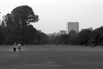 Couple walking on turf in Shinjuku Gyoen park