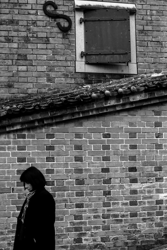Woman in front of brick wall