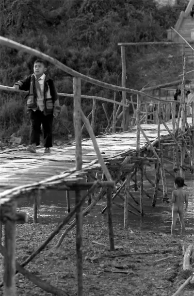 Bamboo bridge spanned over Nam Khan River