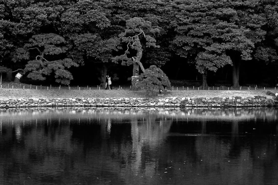 Figures walking the opposite side of the pond