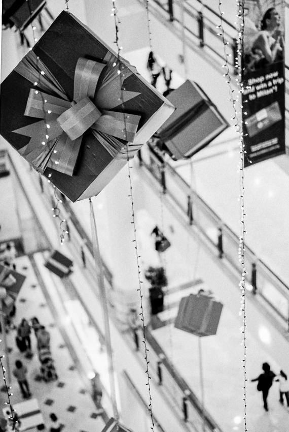 Many present boxes hung in the air