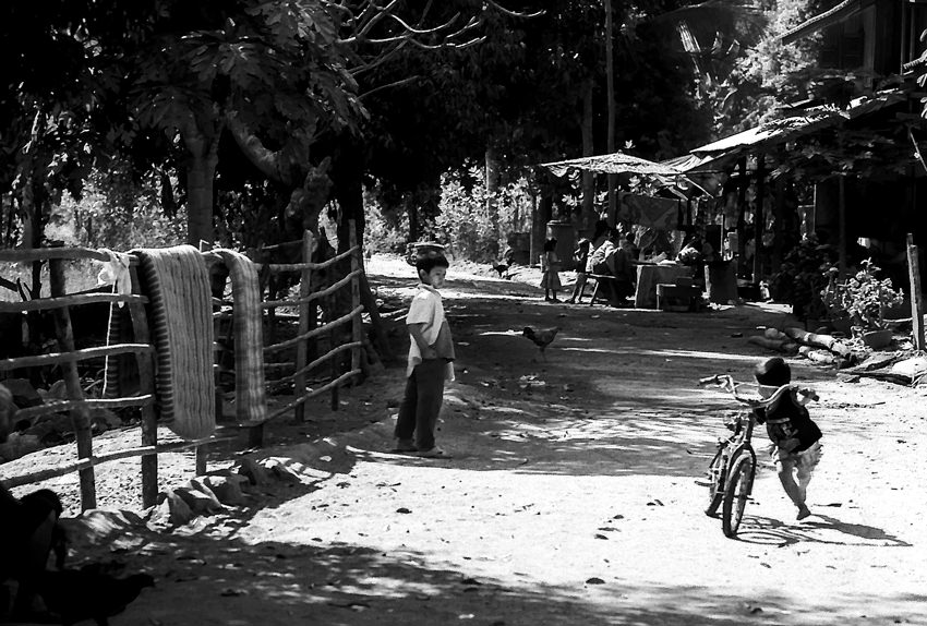 Little boy walking bicycle
