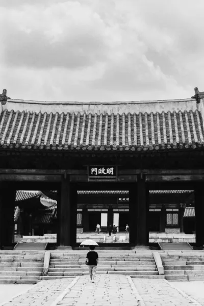 Woman with an umbrella in front of Myeongjeongmun Gate