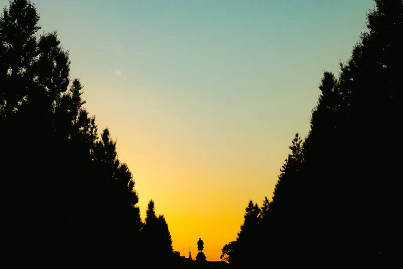 Silhouette of statue of Masujiro Omura in the sunset