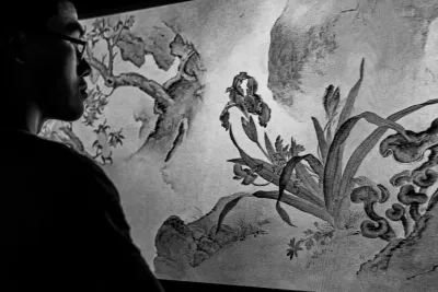 Man looking at an ink brush painting on the screen