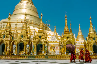 Monks walking in precinct of Shwedagon Pagoda