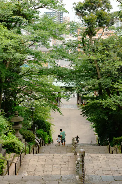 Girl and father on stairway