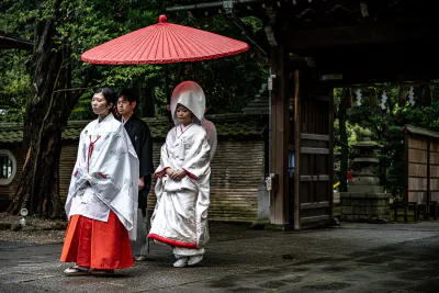 Bride and groom coming through gate