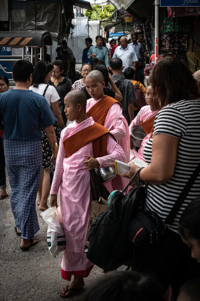Buddhist nuns walking in crowds