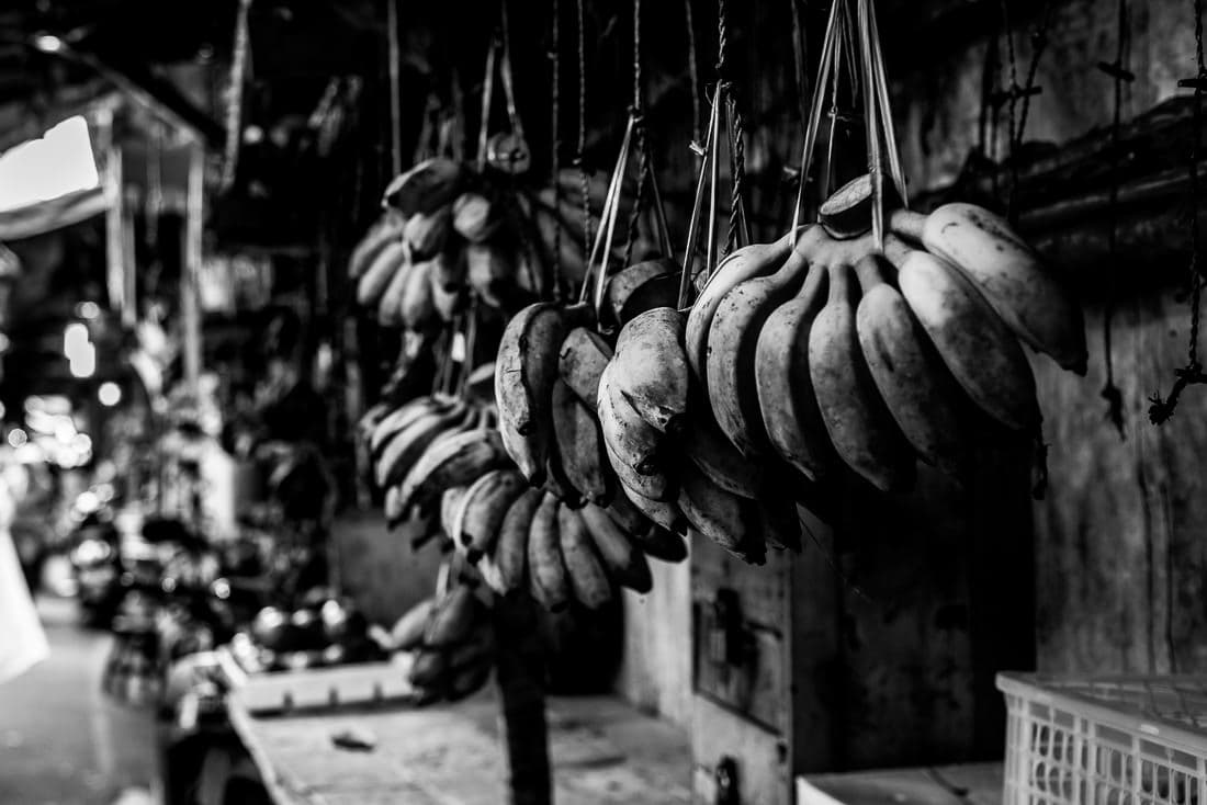 Bunches of bananas hung in the lane