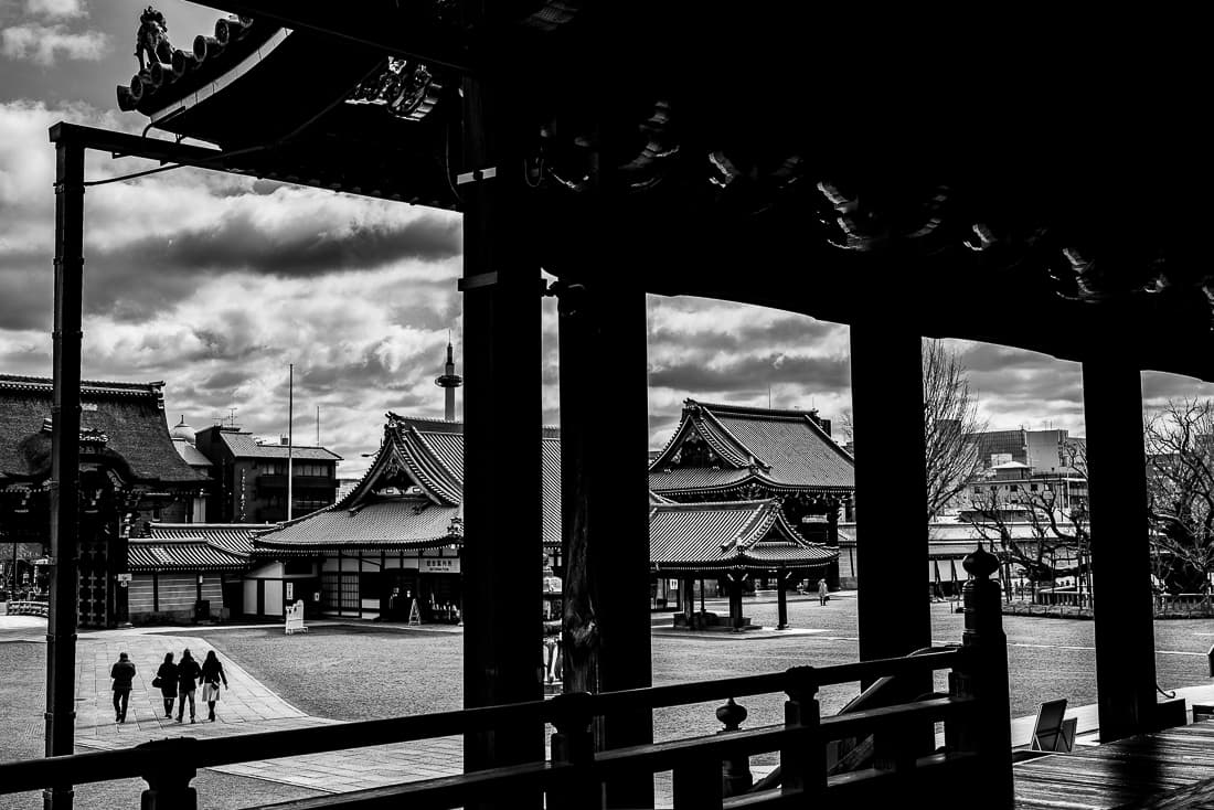 Figures walking in the precincts of Nishi Honganji Temple