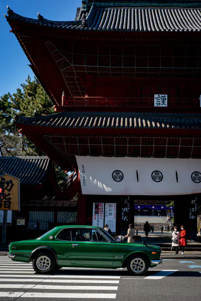 Sangedatsu-mon Gate of Zojo-ji Temple and retro car