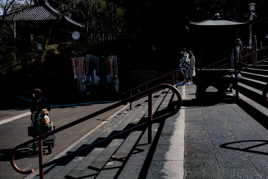 Woman strolling around Kita-in with a dog on a carriage