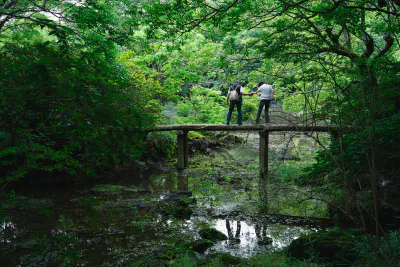 小浜池の石橋を渡るカップル