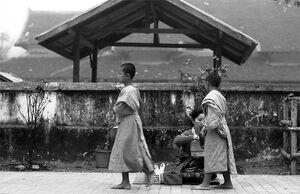 Two little Buddhist monks asking for alms