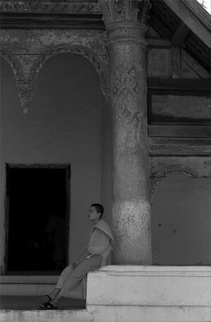 装飾の施された柱の横に腰を下ろした若い僧侶