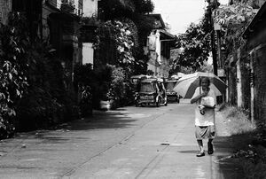 強い日差しの中を日傘を差して歩く老婆