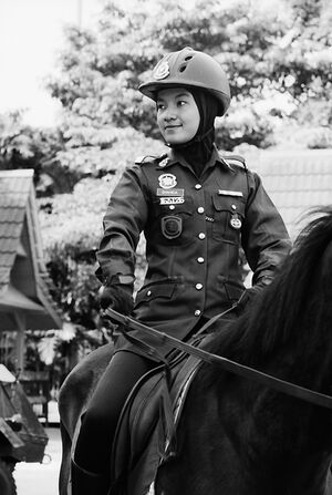 ヒジャブを被った女性騎馬警官