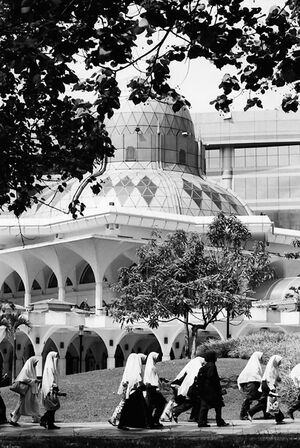 Girls passing by mosque