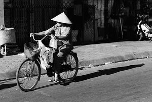 Women with conical hat riding bicycle