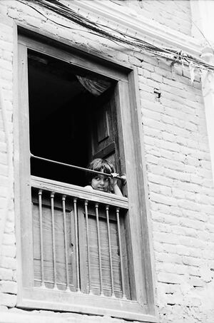 Girl peeking through upstairs window