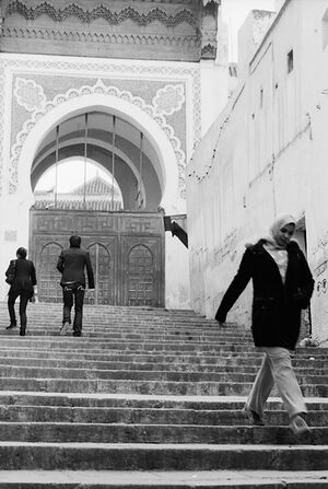 Woman descending stairway
