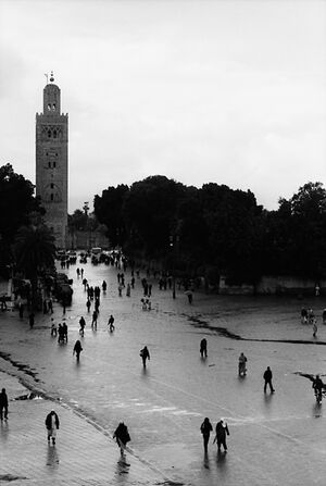 Minaret at end of road