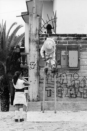 Girl watching boy attaching stilts