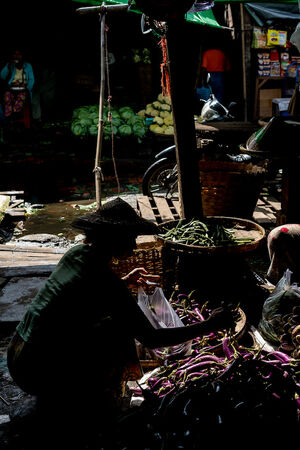 ダニンゴン市場で茄子を売る女性