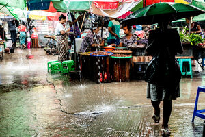 Woman walking market with umbrella