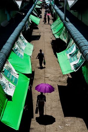 市場の通路を歩く紫の傘を差した女性
