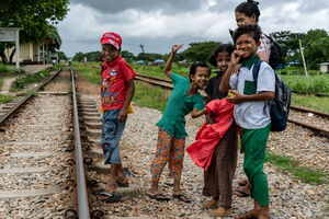 Family on railway track