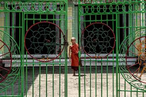 Little Buddhist monk on the other side of the gate