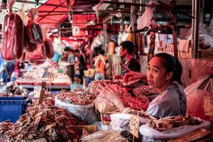 Woman selling dried fishes in Khlong Toei Market