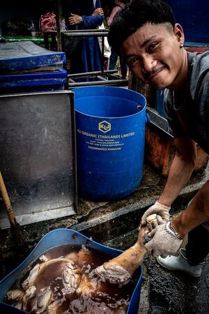 Man washing pig legs in Khlong Toei Market