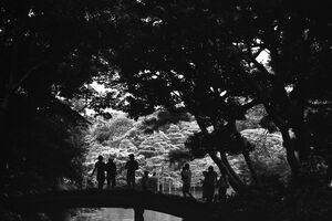 六義園の橋の上にある沢山のシルエット