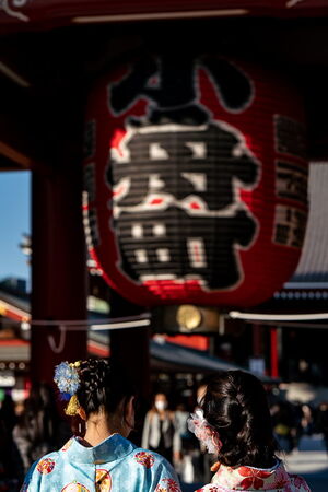 Women in kimono standing in front of the Hozomon Gate