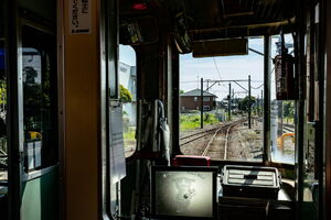 Tracks visible beyond the driver\'s seat of Choshi Electric Railway