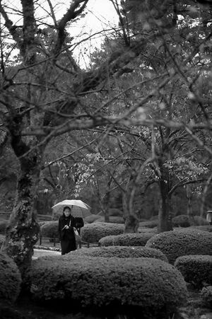 Woman walking in rain