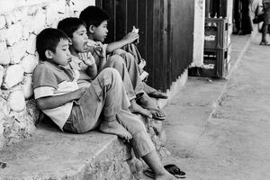 Three boys sitting by the wayside