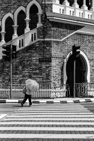 日傘を差して道を渡る女性