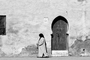 Woman and horseshoe door