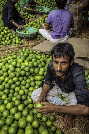 Man in heap of oranges