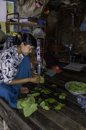 Woman setting out betel leaves