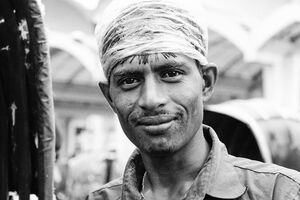 Man wearing plastic bag