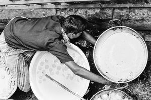 Round pans in a food stall