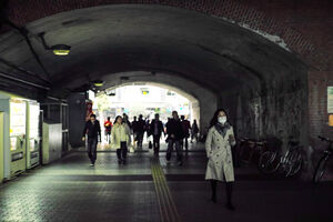 Pedestrians walking railway underpass