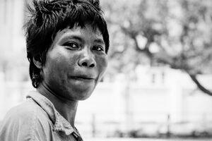 Young man puckering his mouth