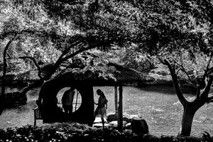 Silhouettes of couple at the hut in the garden